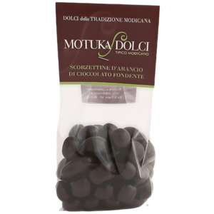 Drageé di scorzette d'arancia ricoperte di cioccolato fondente